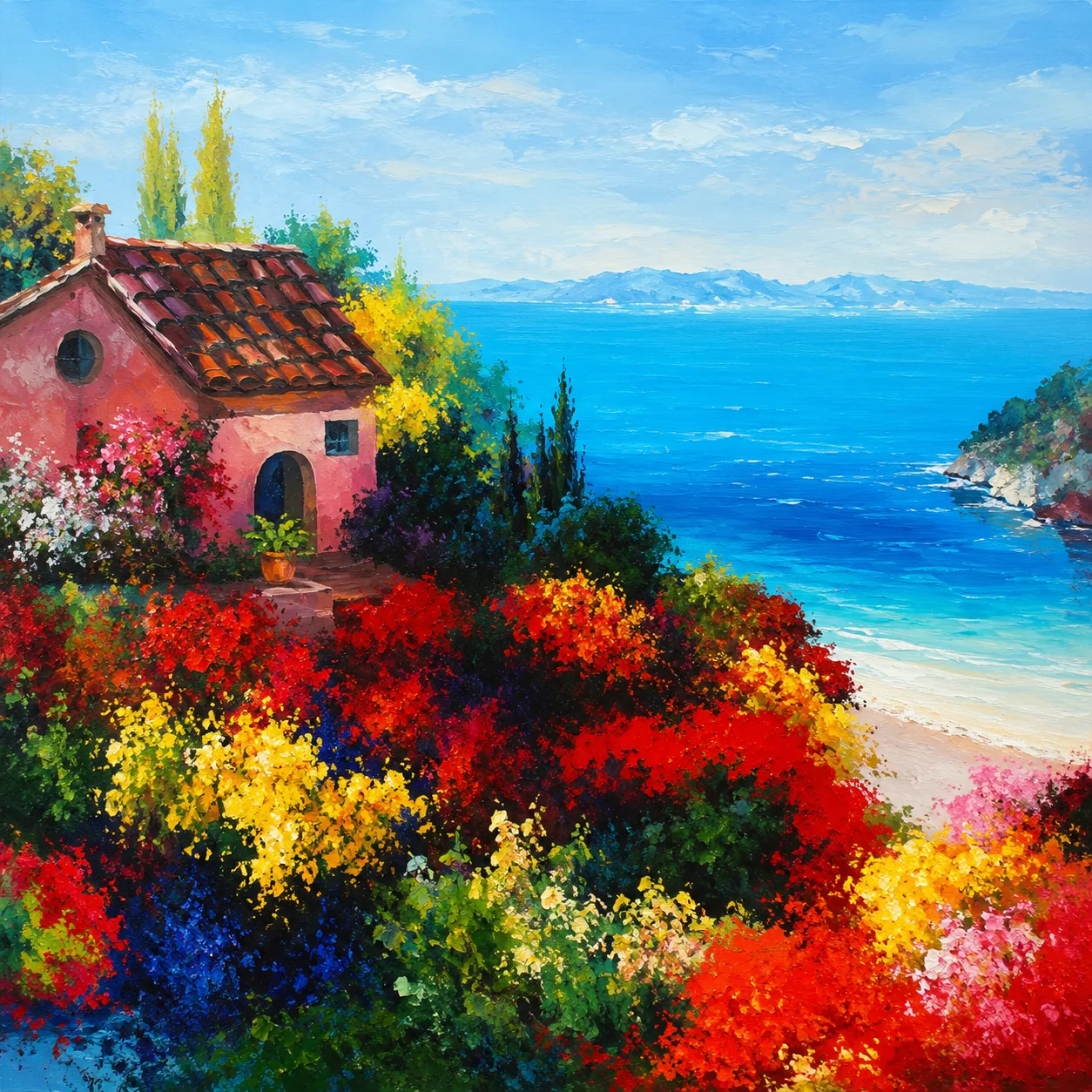 Painterly coastal garden with a pink house, red flowers, blue sea, and distant mountains