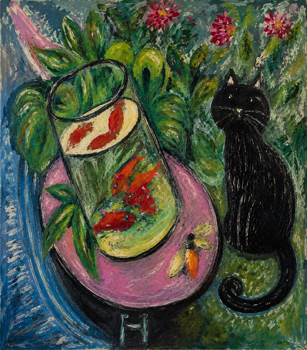 Oil tempera painting by Flavia with red fish in a bowl, leaves, flowers, and a black cat
