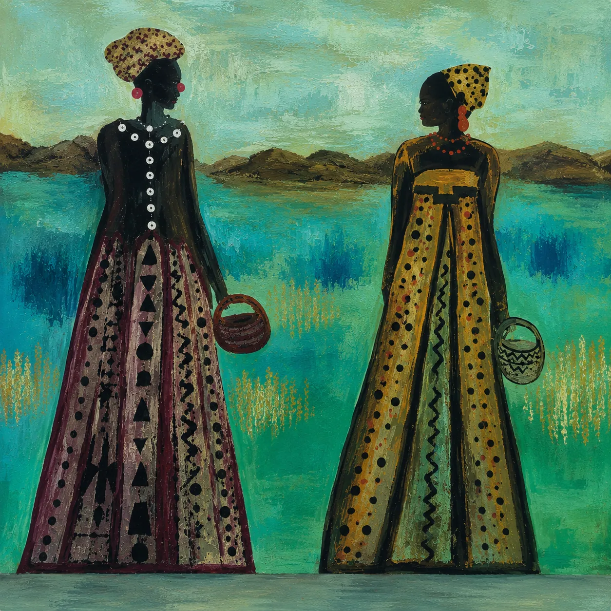 Two patterned standing figures beside turquoise water and distant hills