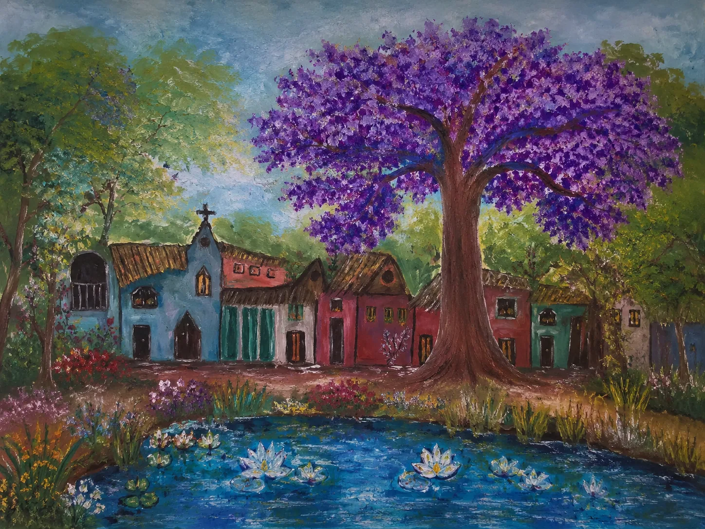 Painting by Flavia of a rural village, pond, flowers, and a large purple tree