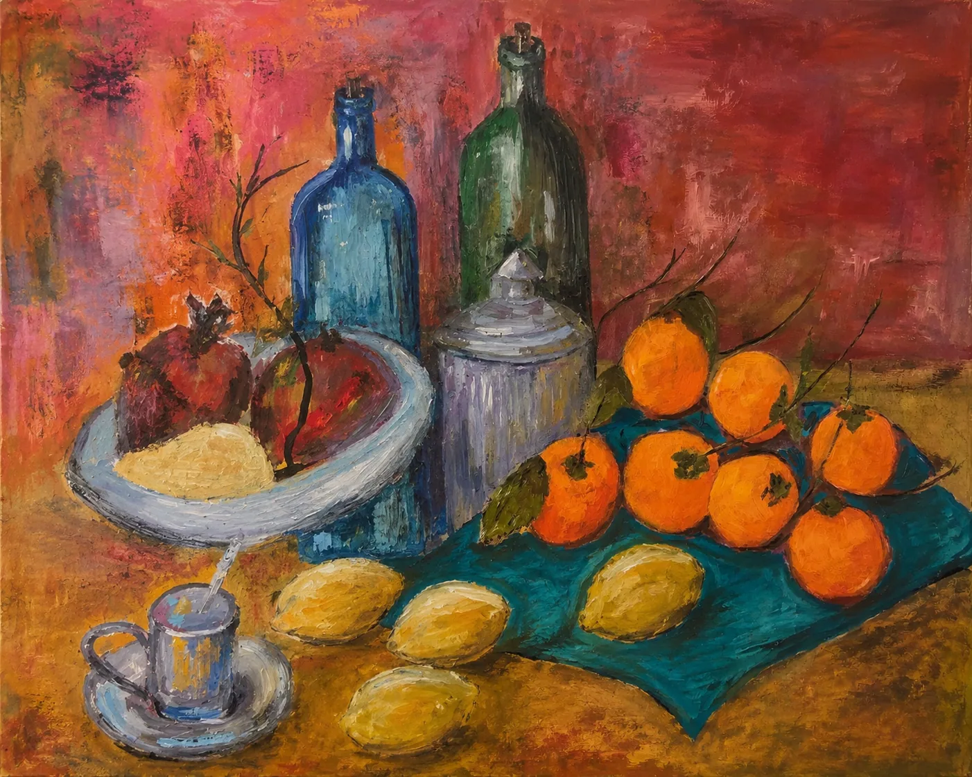 Still life with fruit and bottles