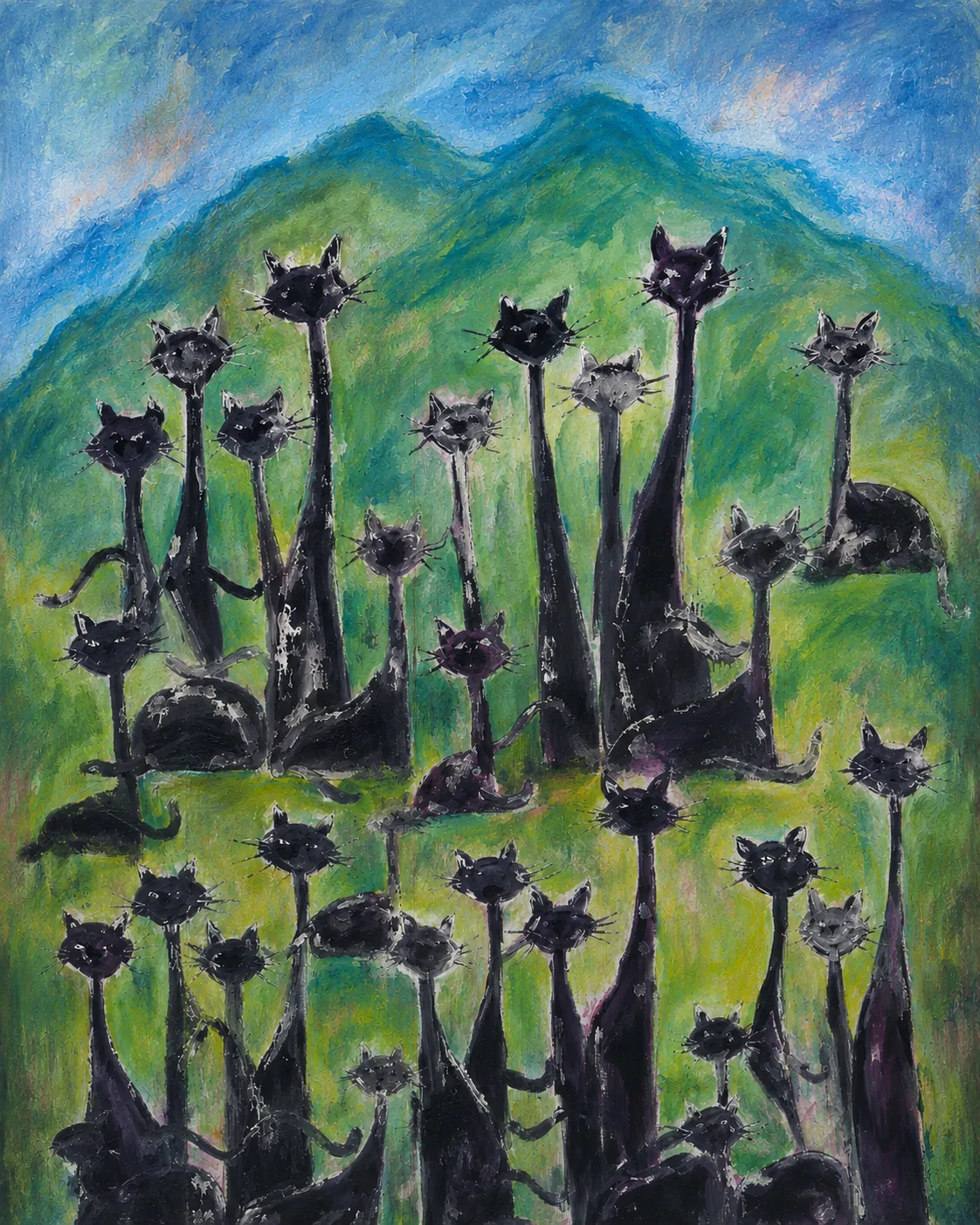 Stylized cats in a surreal meadow