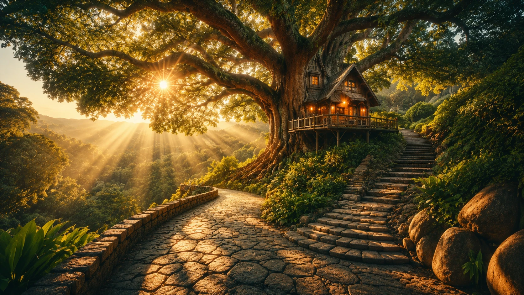 An ancient tree and stone steps in a richly textured painterly landscape, with golden sunbeams and deep woodland shade.