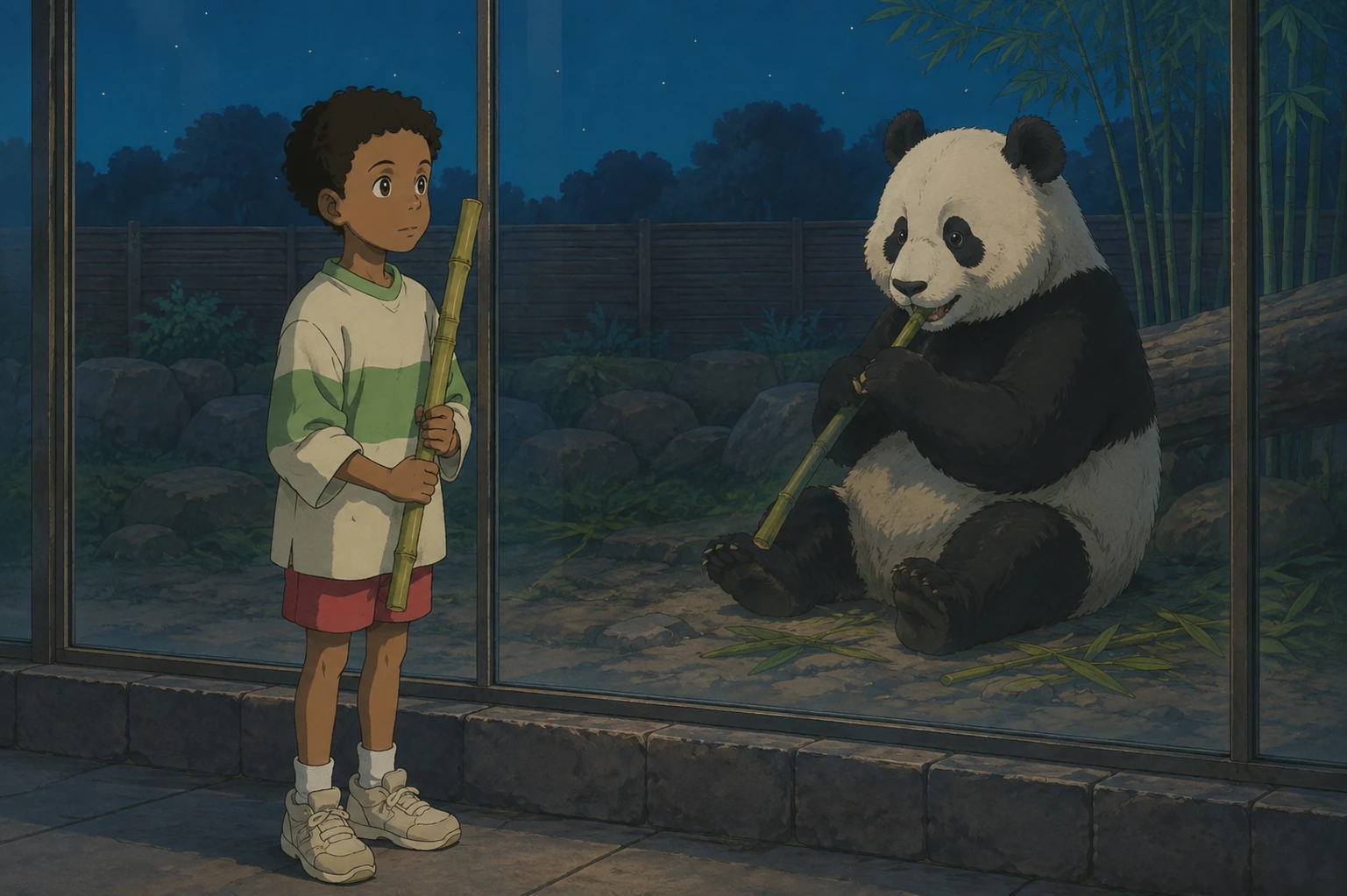 A figure meets a panda in a softly shaded animation-style study, using muted night colors and gentle character shapes.