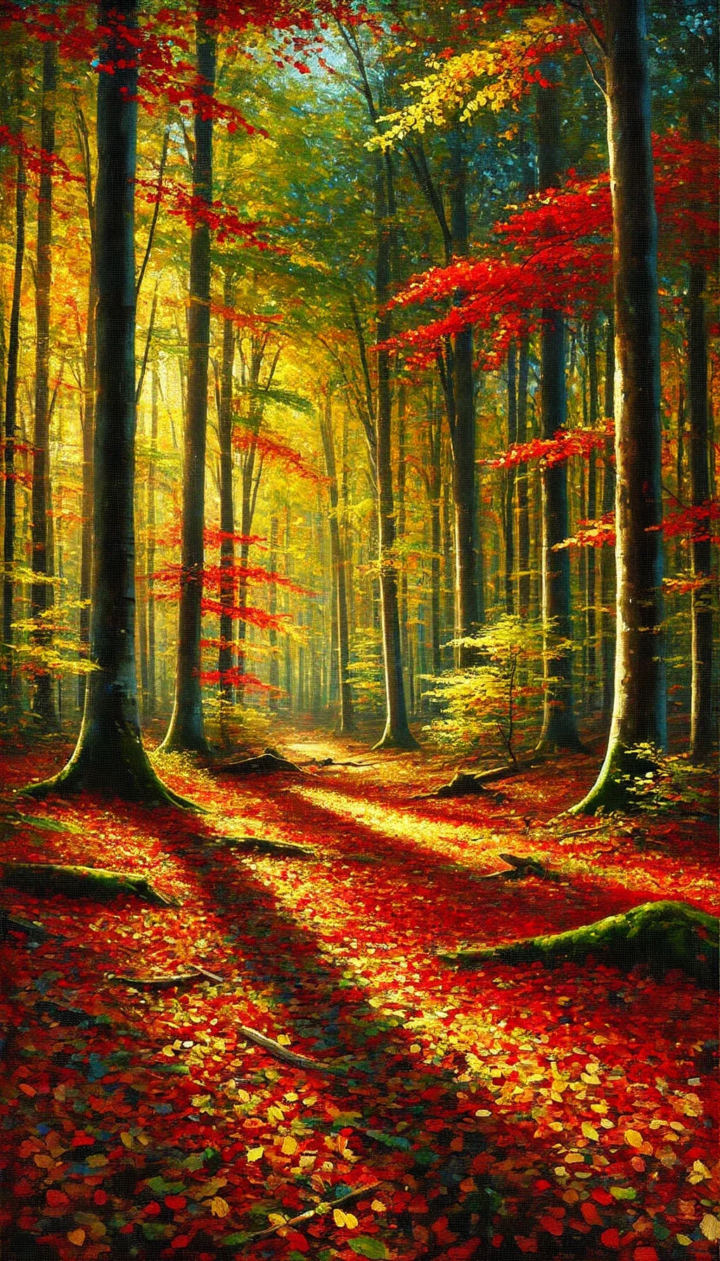 Painterly autumn forest with red, orange, and yellow leaves