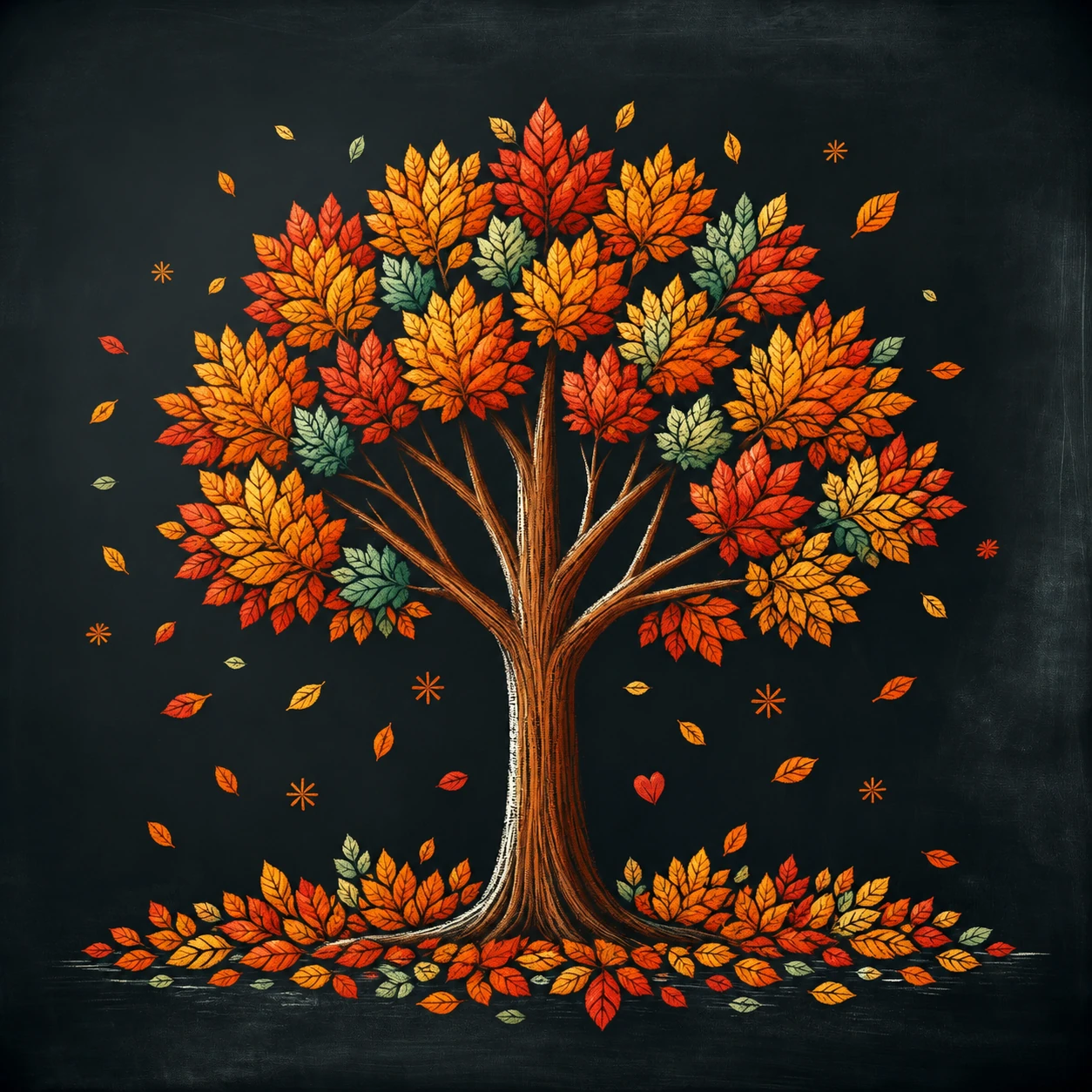 An ornamental autumn tree in a decorative illustration, with repeated orange-and-gold leaf shapes on a dark background.