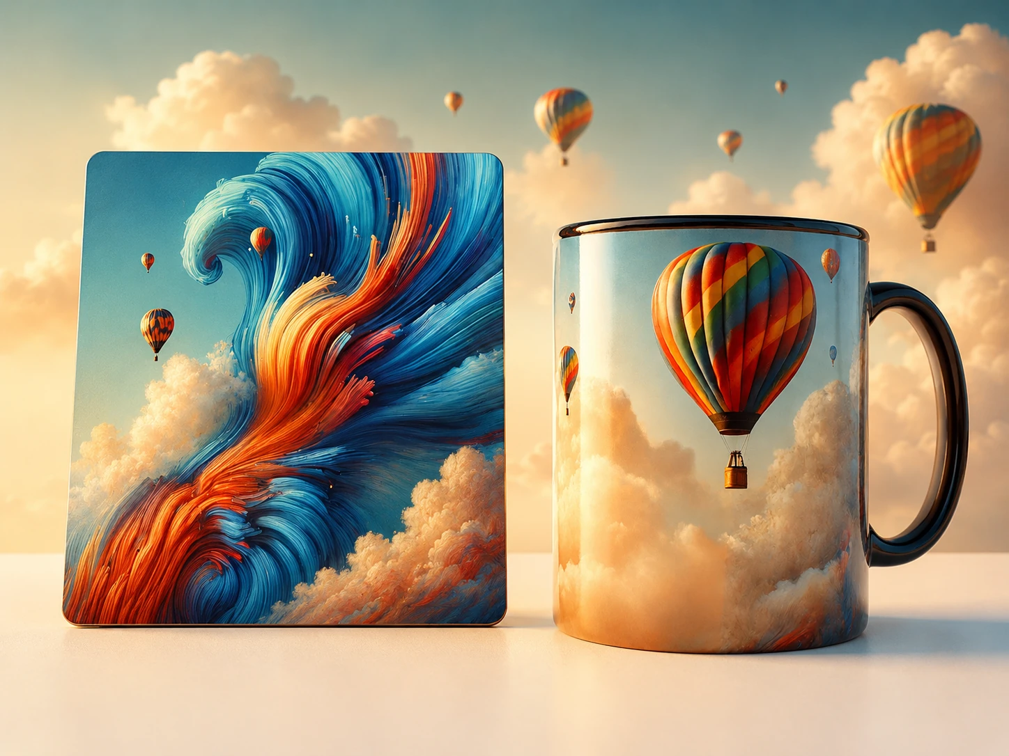 A polished product mockup pairing a printed mug with swirling blue-and-orange artwork against a cloud-and-balloon backdrop.