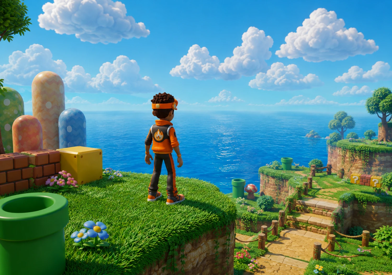 A small adventurer in a playful 3D game-style landscape of chunky platforms, bright colors, and rounded plants.