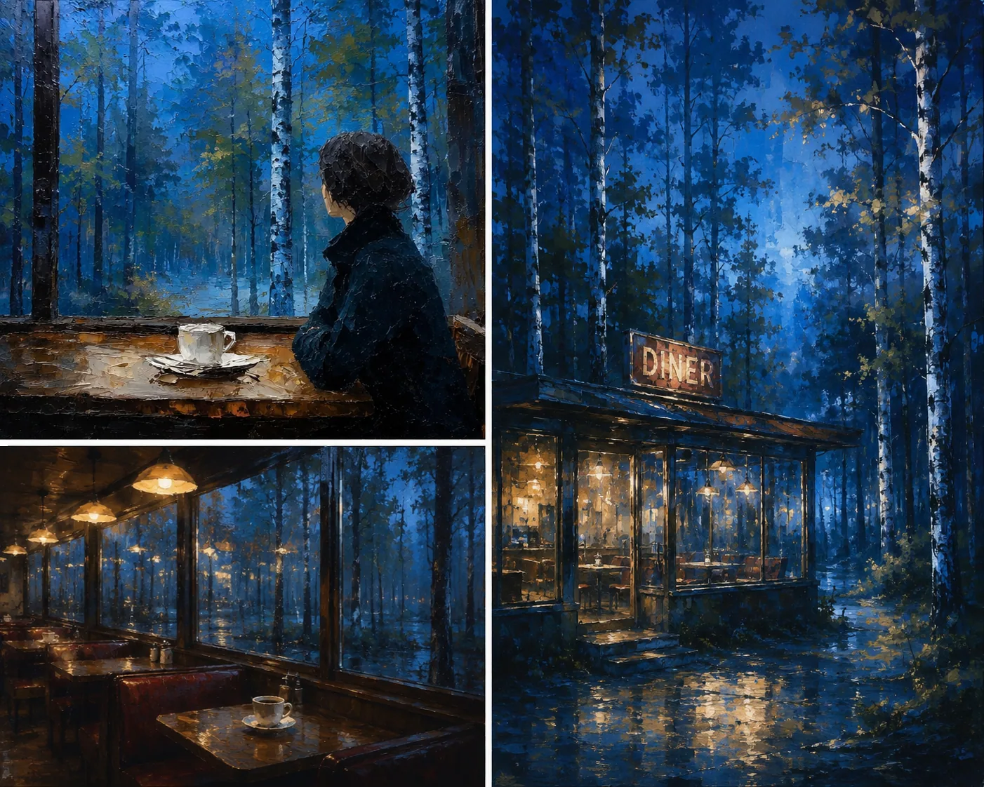 Three-panel painterly blue-hour diner scene in a forest