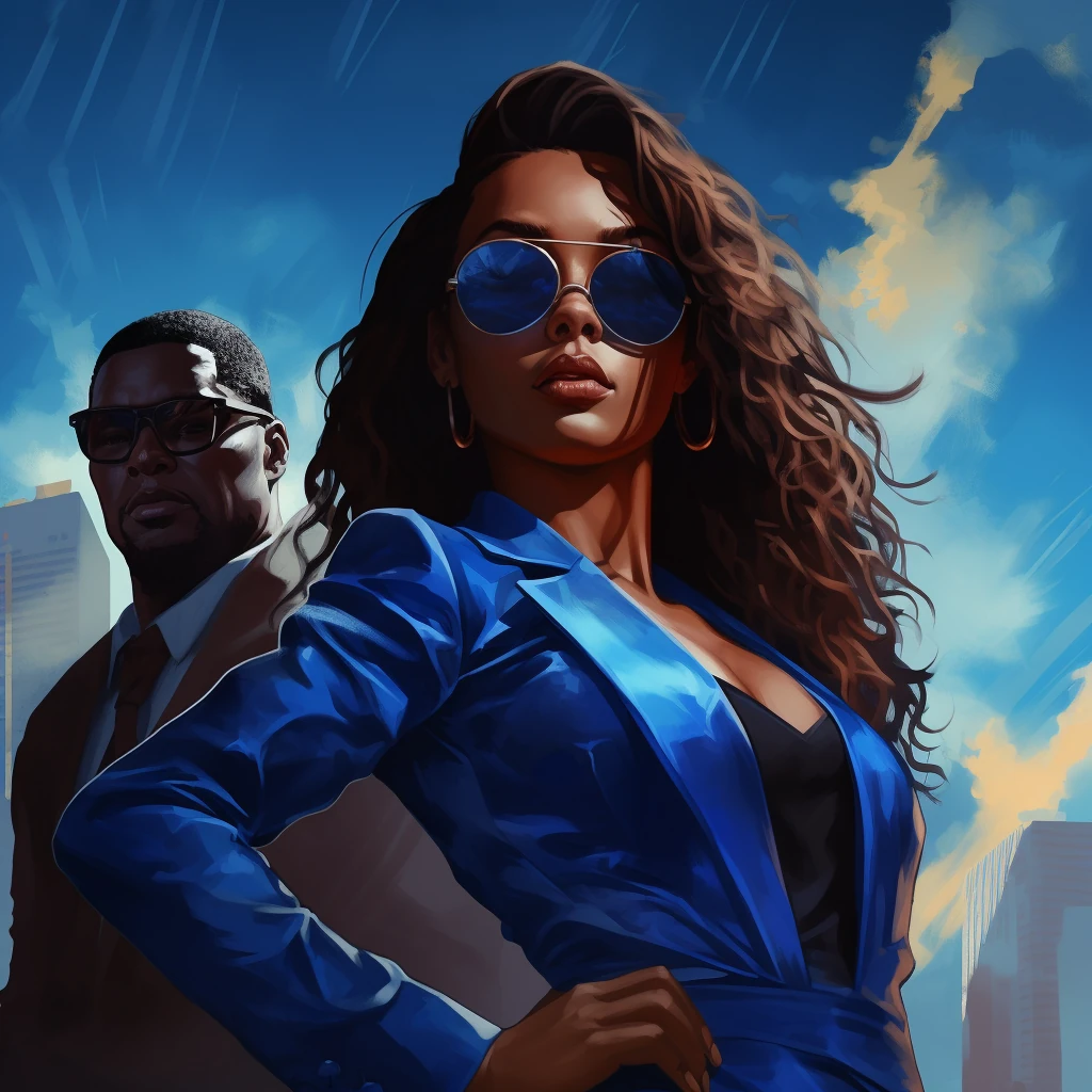 Two figures in a cinematic portrait study, with a blue jacket, sunglasses, and dramatic sky light.