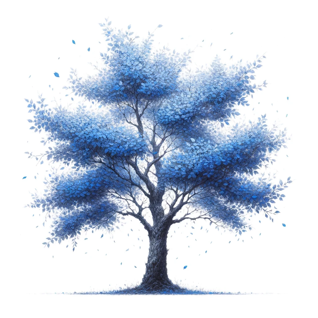 A blue tree in a watercolor-like style, with soft airy foliage, diffuse edges, and a dark branching trunk.