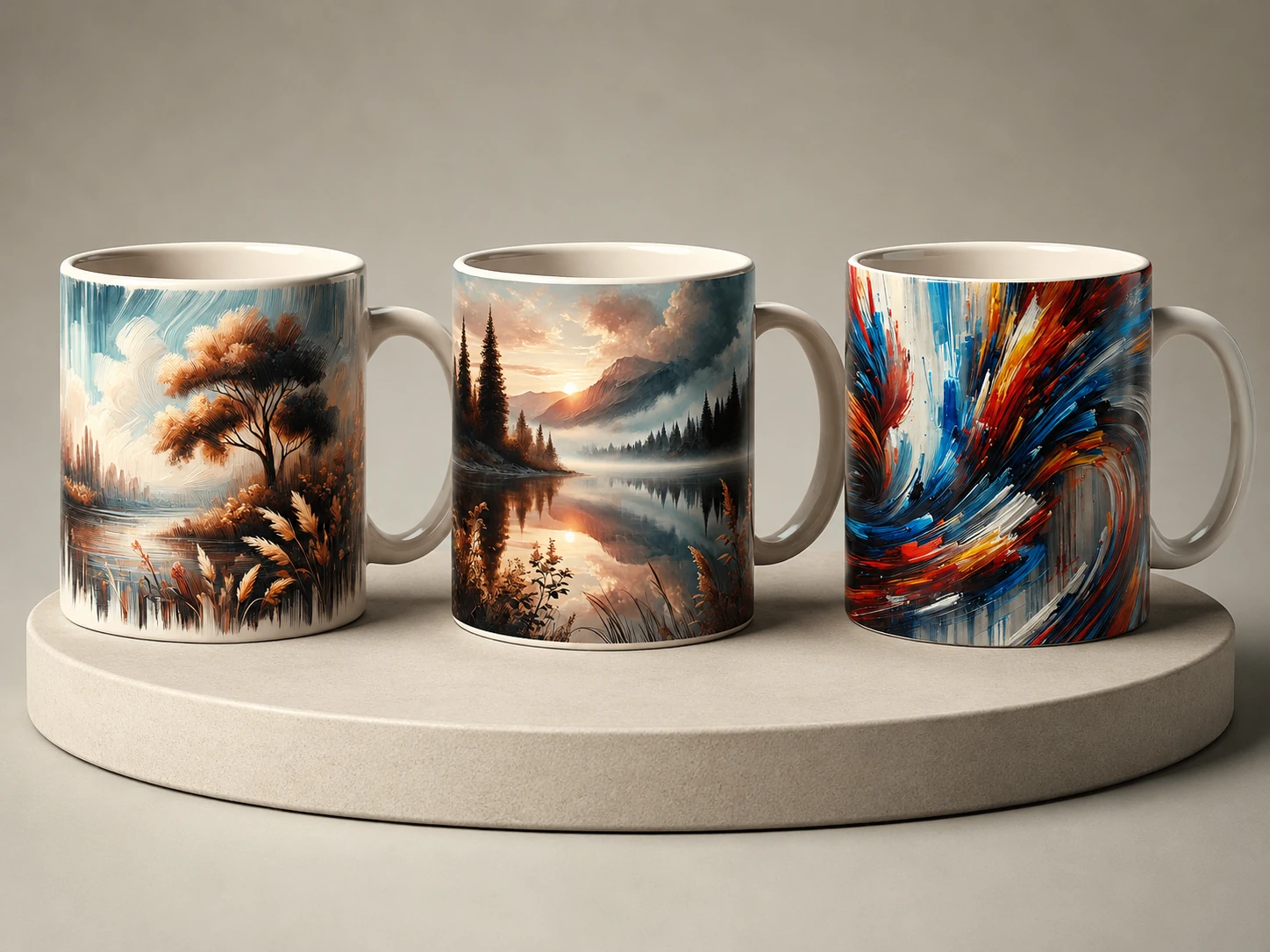 A product-mockup rendering of three mugs on a round plinth, each carrying a different illustrated print.