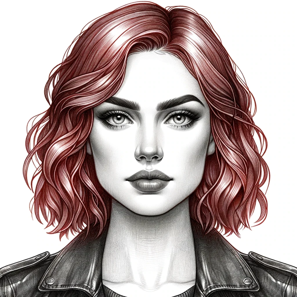 Red-haired character portrait on a pale background, with loose linework and shaded facial features.