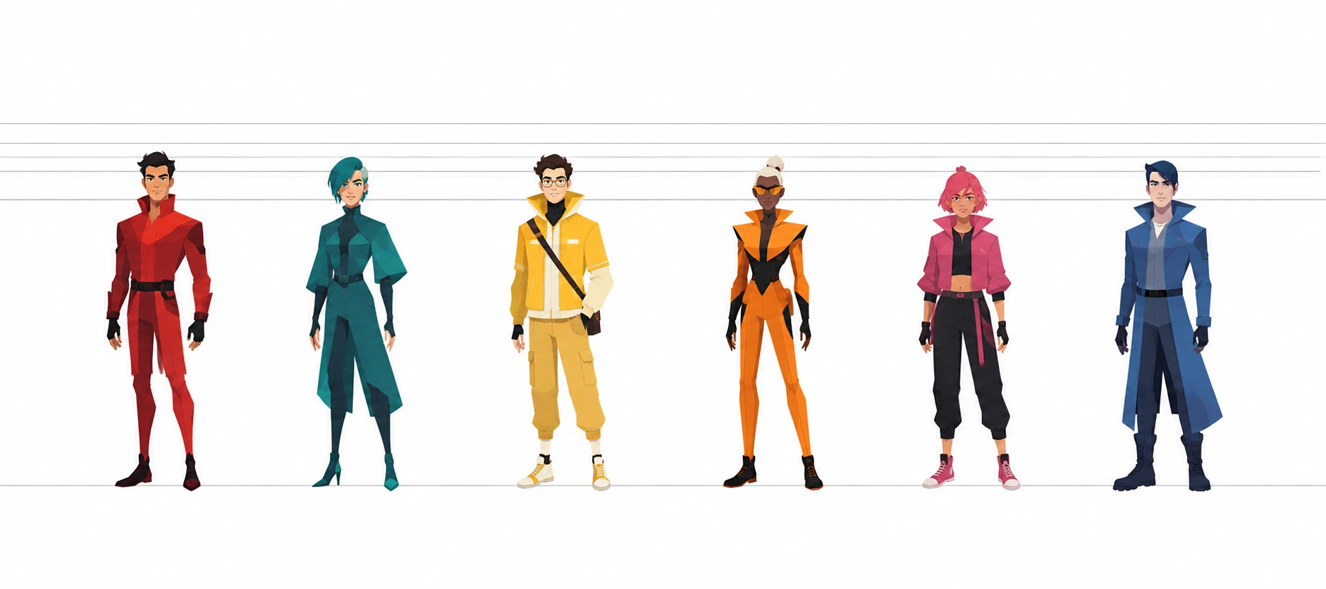A clean character-design lineup with simplified silhouettes, fine outlines, and contrasting costume colors.