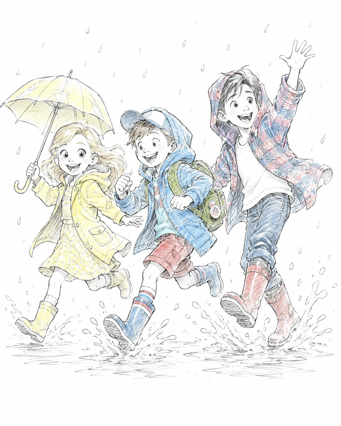 Three cartoon figures in a loose pencil-like illustration, with pale color accents and lively gestures.