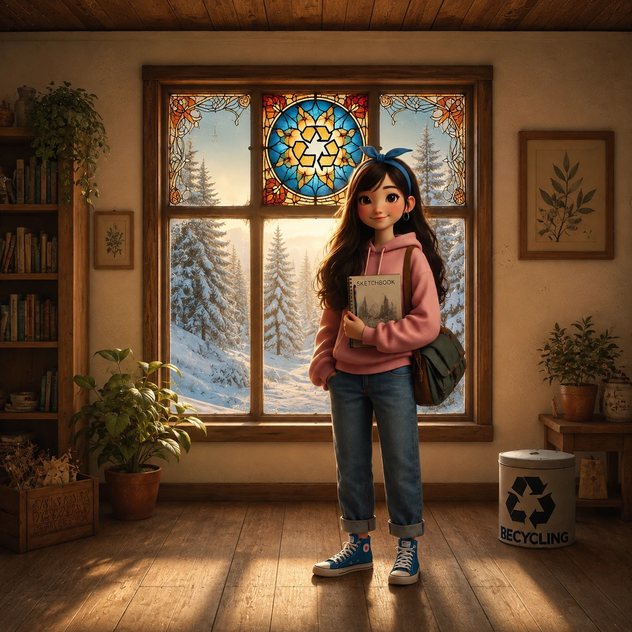 A book-holding character in a softly modeled narrative illustration, with warm interior detail and stained-glass light.