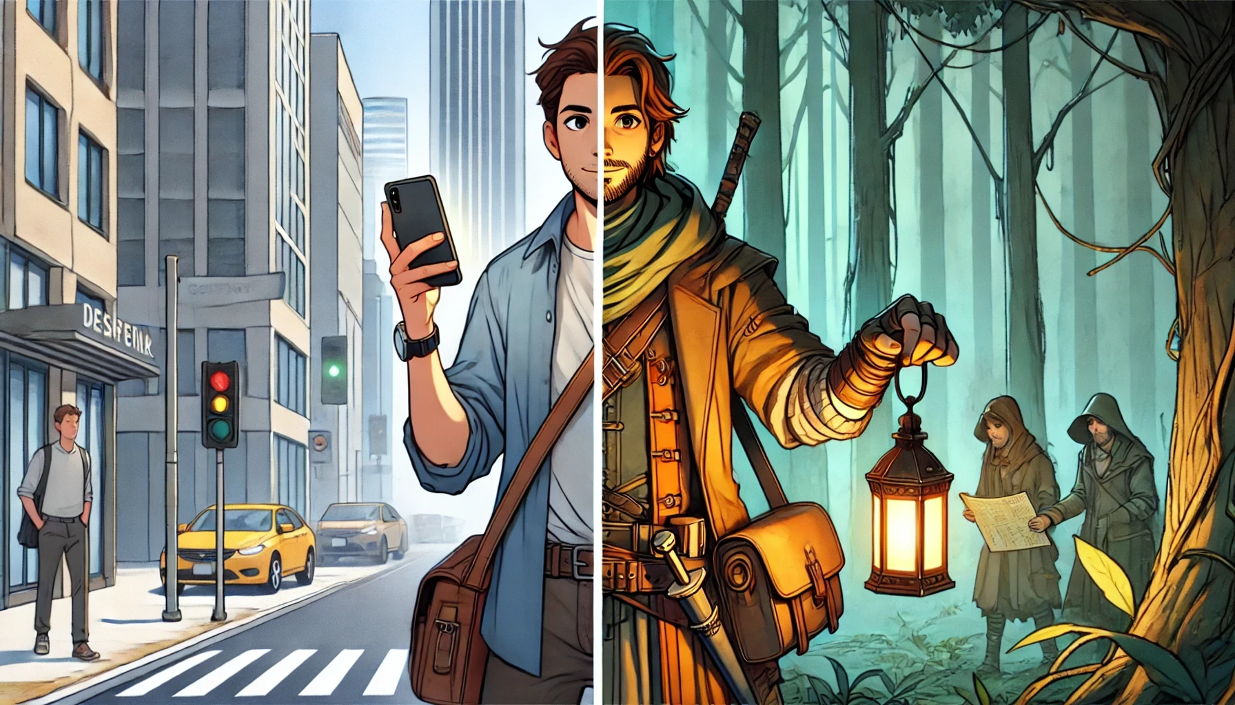 A character shown in city and woodland settings through a comic-like split illustration, with bold outlines and contrasting color moods.