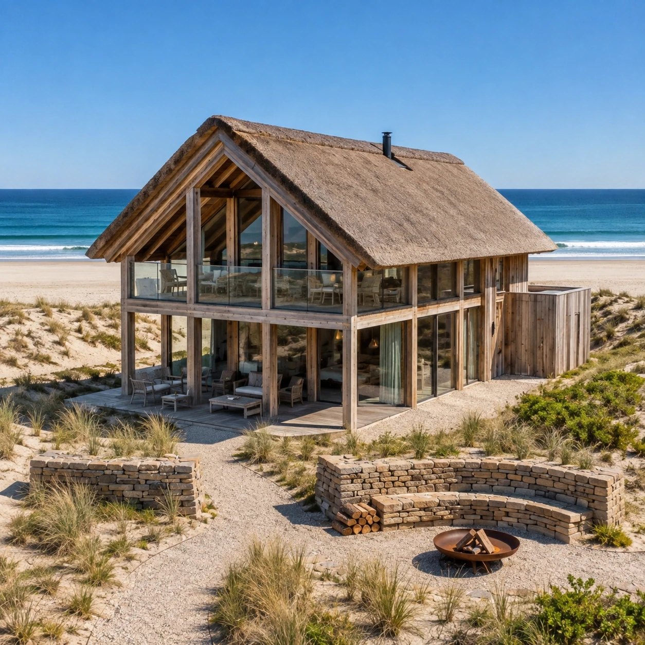 A coastal timber house rendered with architectural realism, crisp detail, and clear seaside light.