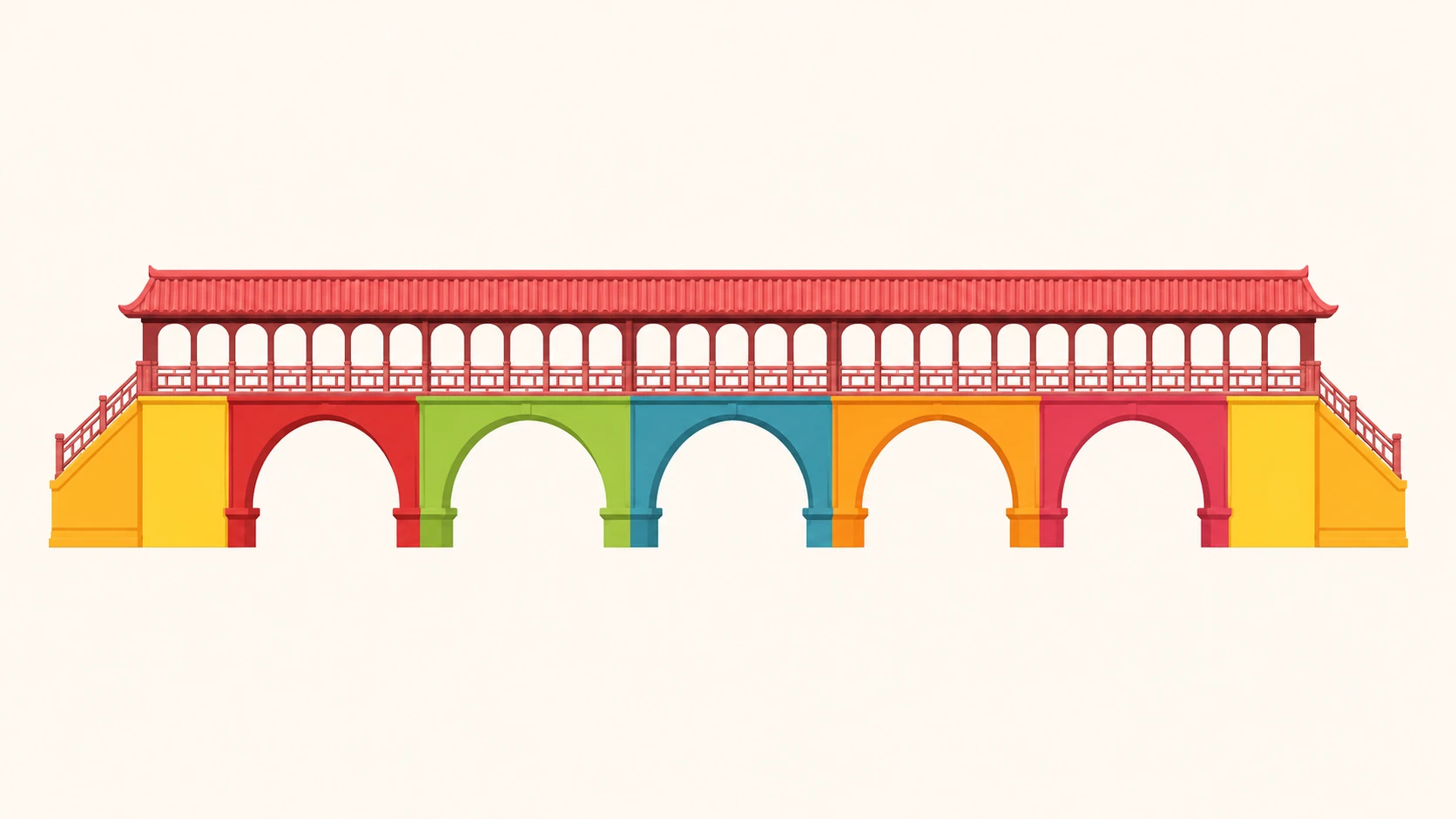 A bridge in a flat graphic illustration style, using repeated arches, clean shapes, and bold color rhythm.