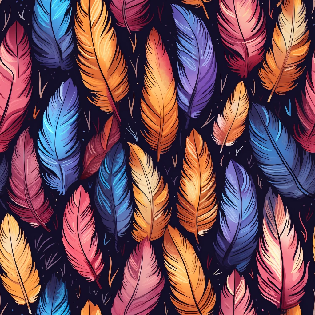 Overlapping feather shapes form a dense repeating pattern in blue, orange, pink, and purple.
