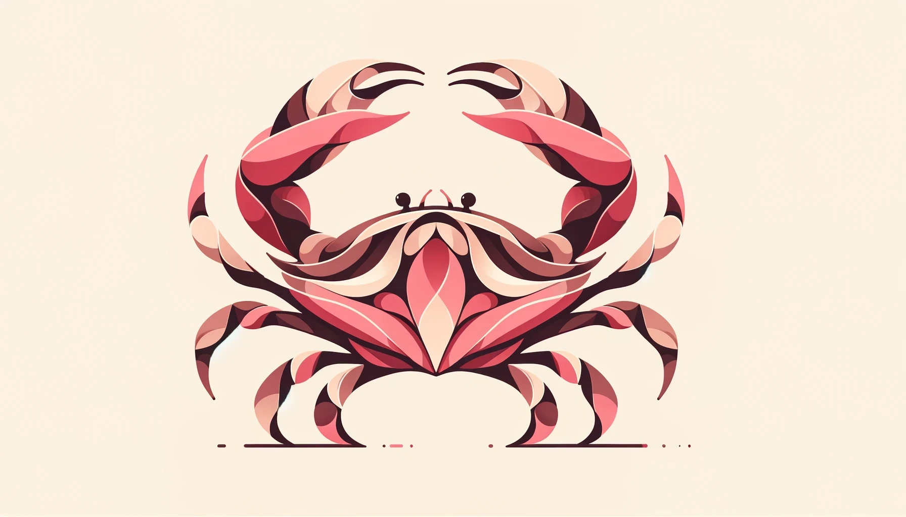 A symmetrical pink crab emblem in a flat ornamental graphic style, built from curling, layered-looking shapes.