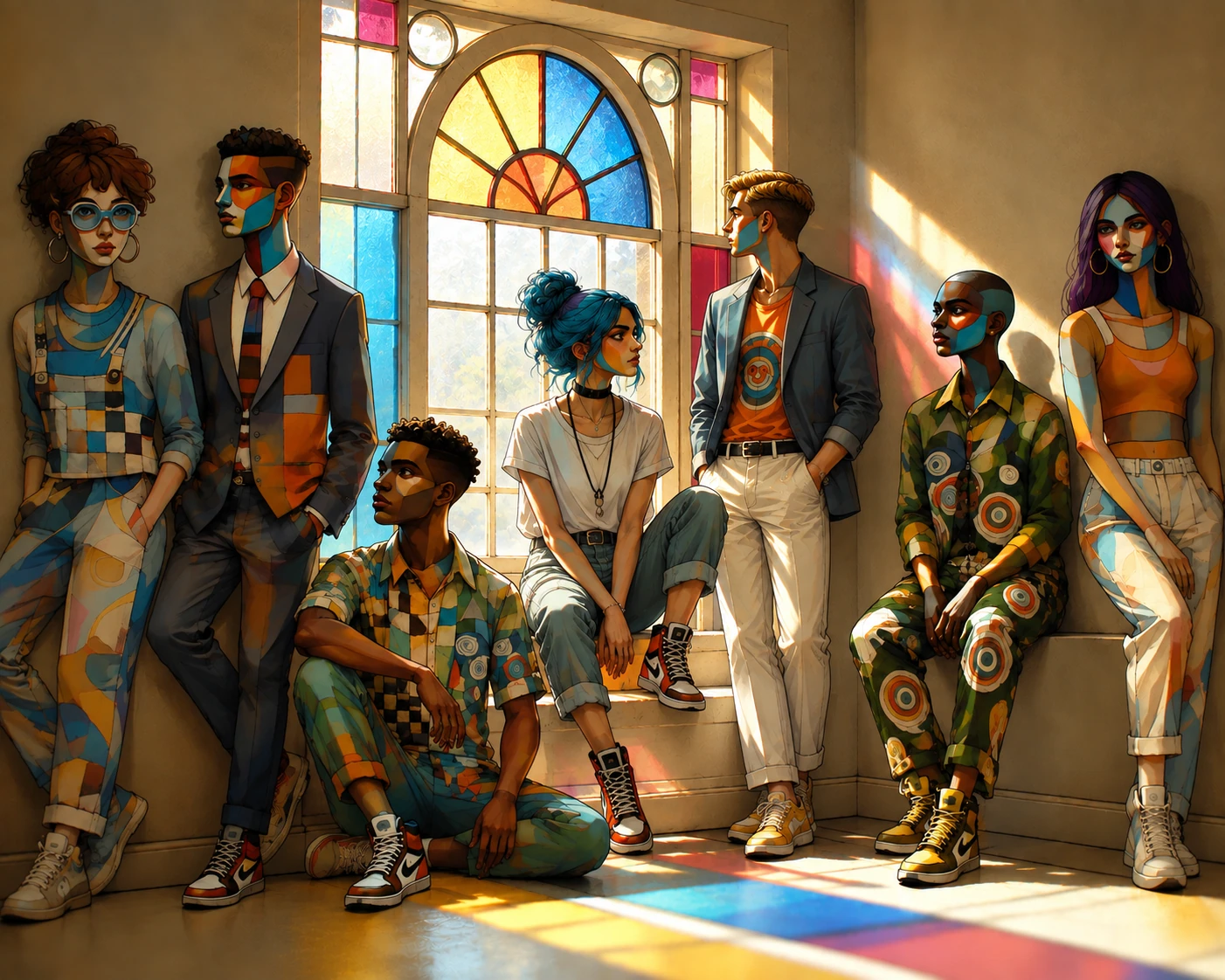 Fashion characters added into an interior scene using an AI workflow, with cubist-inspired angular forms, patterned clothing, and stained-glass light.