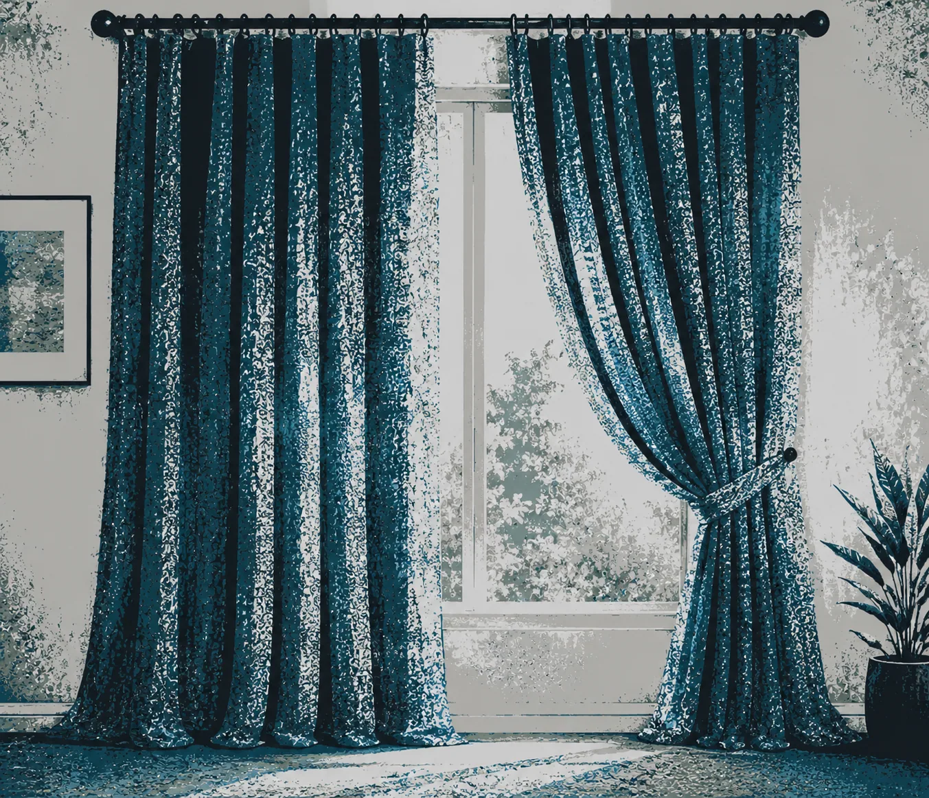 Blue textured curtains around a bright interior window