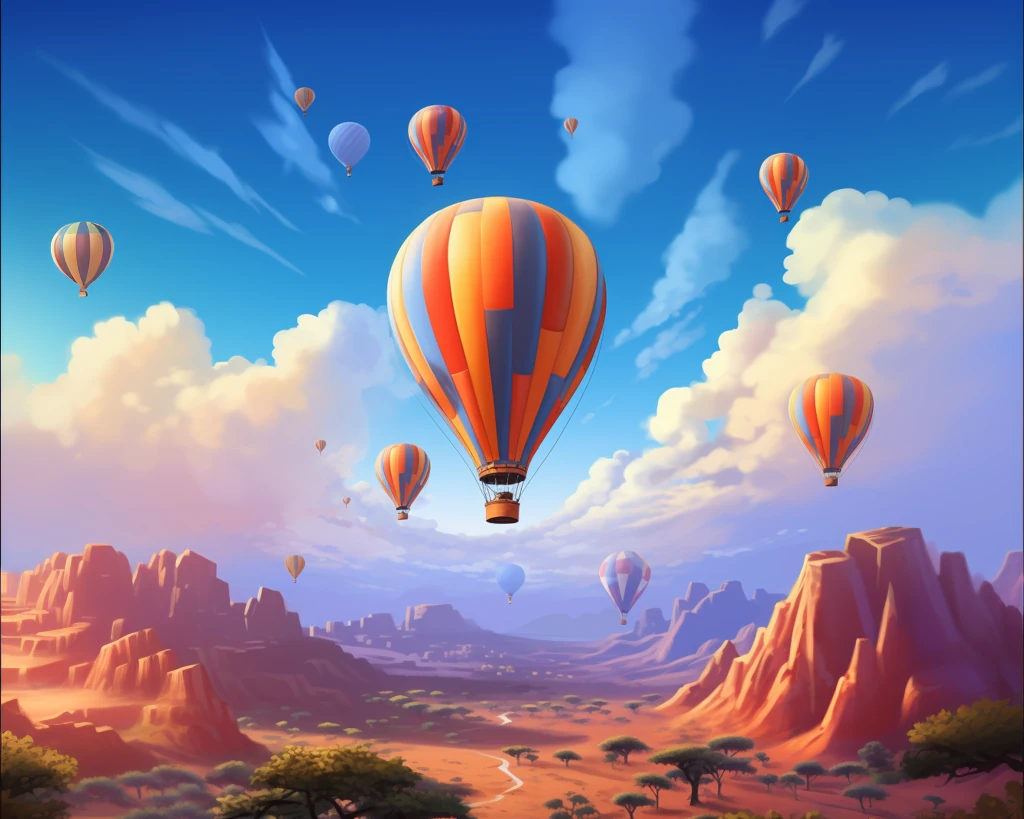Bright balloons above desert mesas in a saturated fantasy illustration, with rounded clouds and sweeping canyon depth.