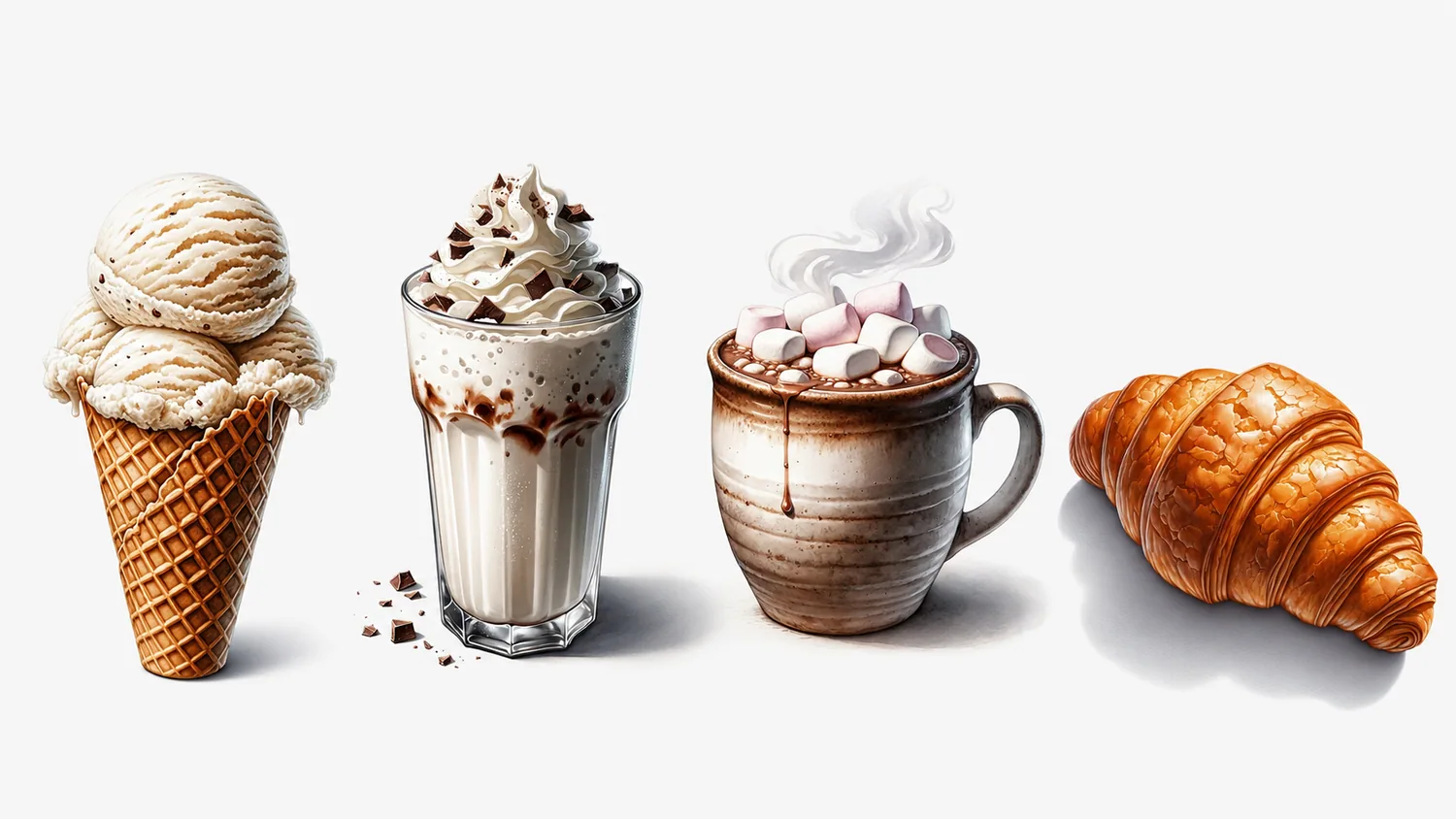 Illustrated desserts on a white background including ice cream, milkshake, hot chocolate, and croissant