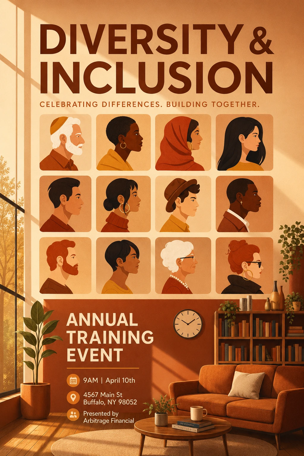 An orange event-poster concept using a structured portrait grid, bold typography, and warm graphic textures.