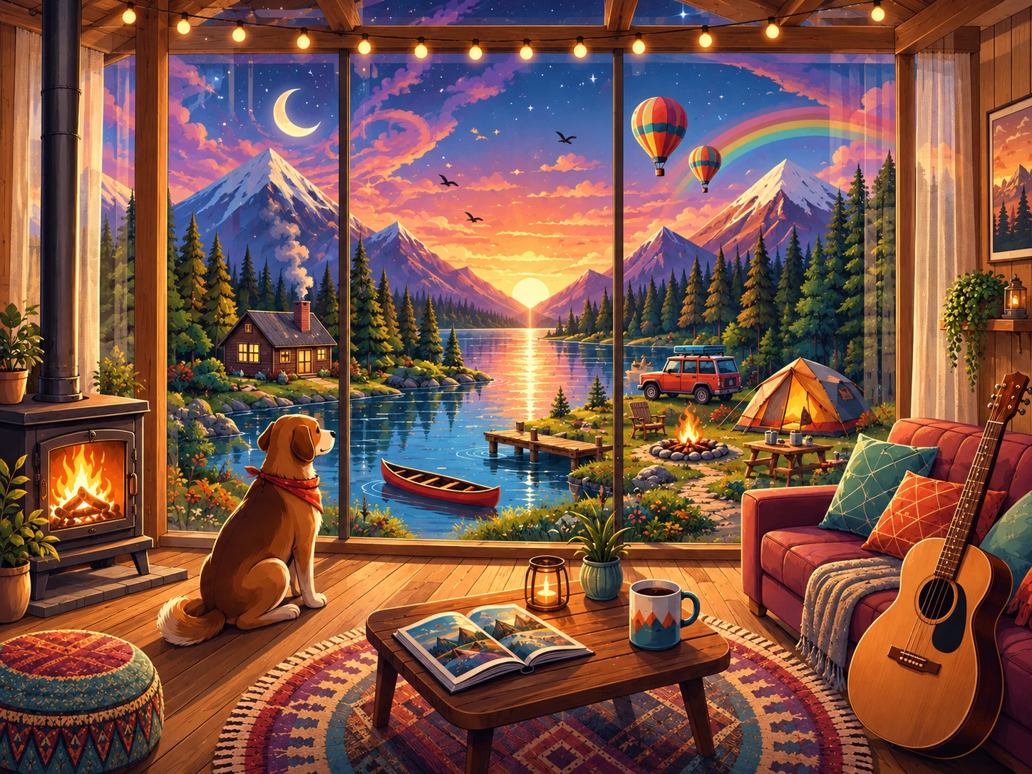 A fantasy interior illustration with a guitar and small companion overlooking a vivid lake landscape, mountains, and balloons.