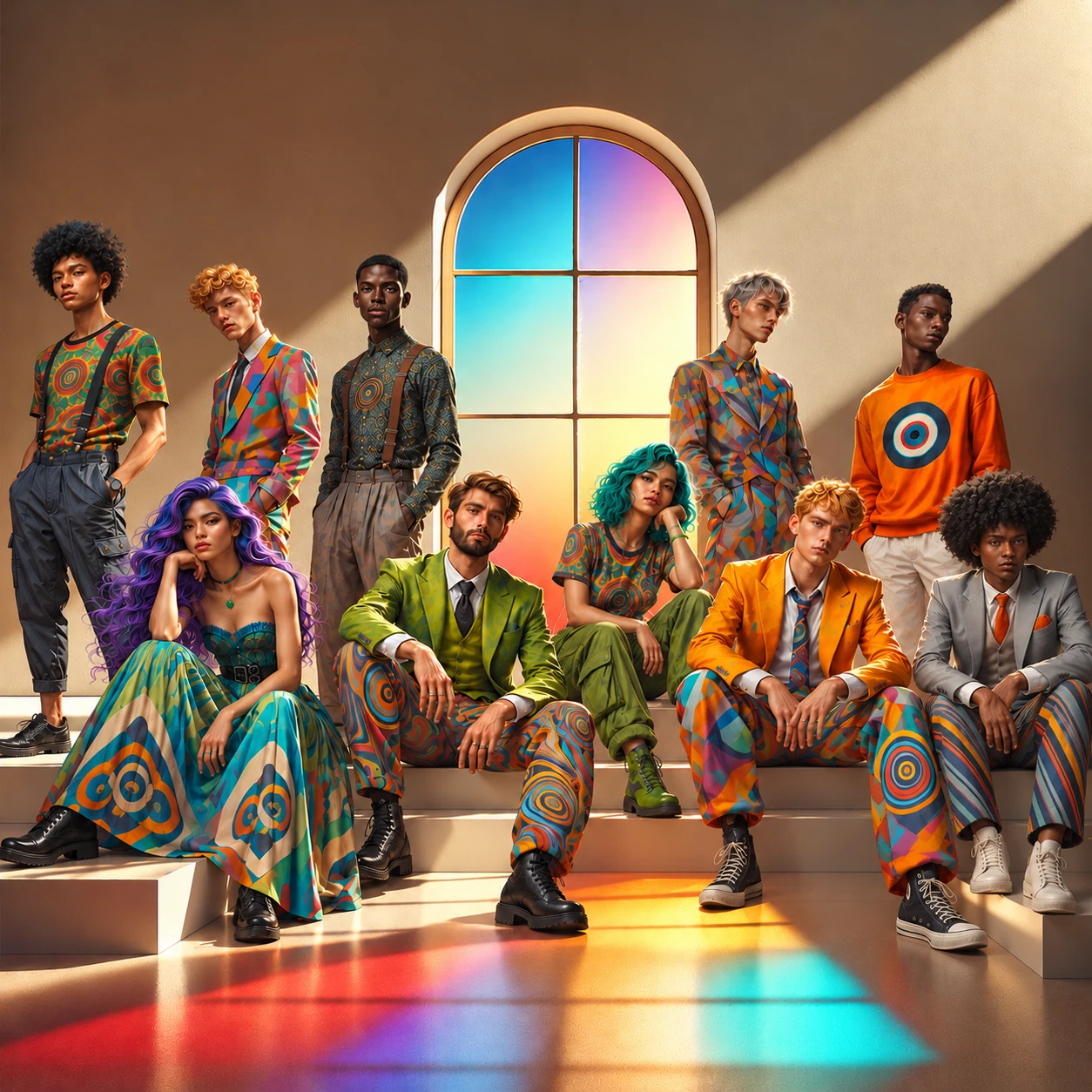 Fashion characters added into an interior scene using an AI workflow, in a stylized editorial composition with vivid patterns and colored window light.