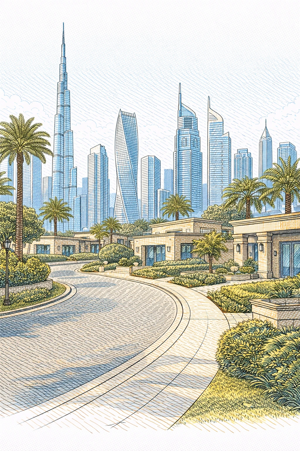 A palm-lined road and futuristic towers in a softly rendered architectural illustration, with pale colors and open daylight.