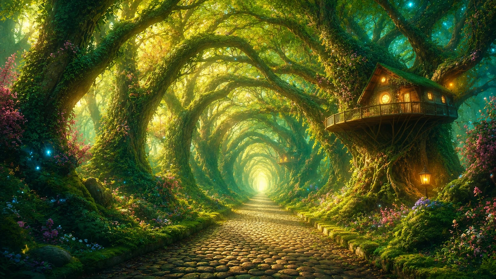 A fantasy woodland illustration with a glowing green tunnel of branches, a stone path, and small treehouse structures.