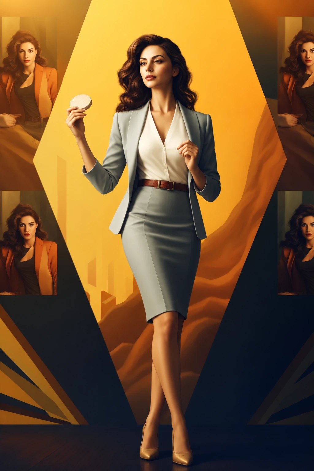 A fashion figure in a pale blouse, gray jacket, and fitted skirt in a stylized editorial composition with angular golden panels.