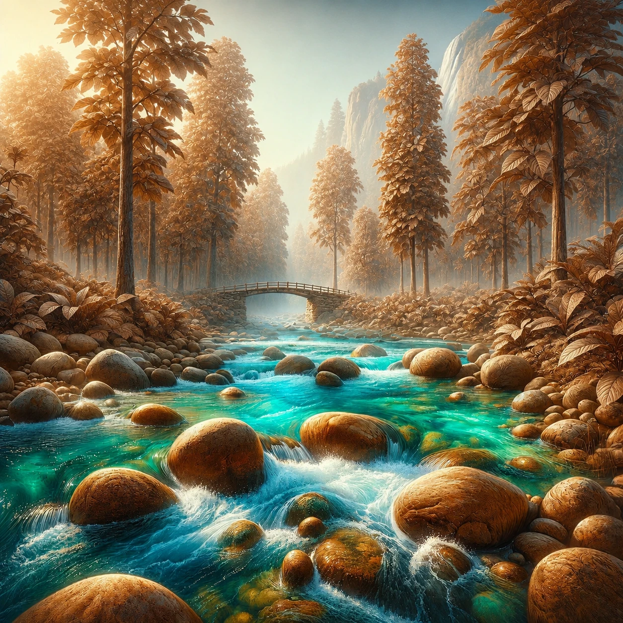 An autumn forest and turquoise stream in a detailed painterly landscape, with rounded stones, warm light, and a distant bridge.