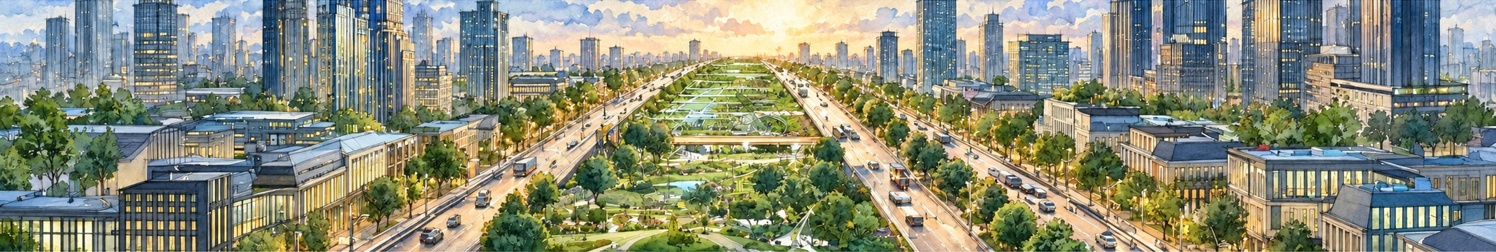 A wide architectural panorama of planted terraces, gardens, and city towers, rendered with fine detail and airy daylight.