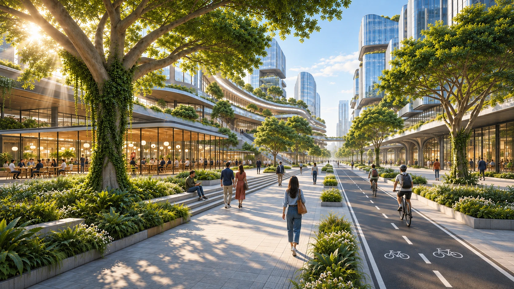 A planted city promenade in a detailed architectural visualization, with large trees, glass towers, and warm filtered light.