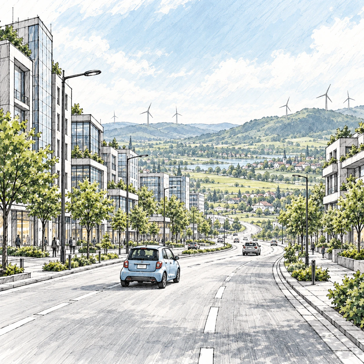 A city street in a loose architectural sketch style, with light linework, pale color accents, vehicles, and distant green hills.