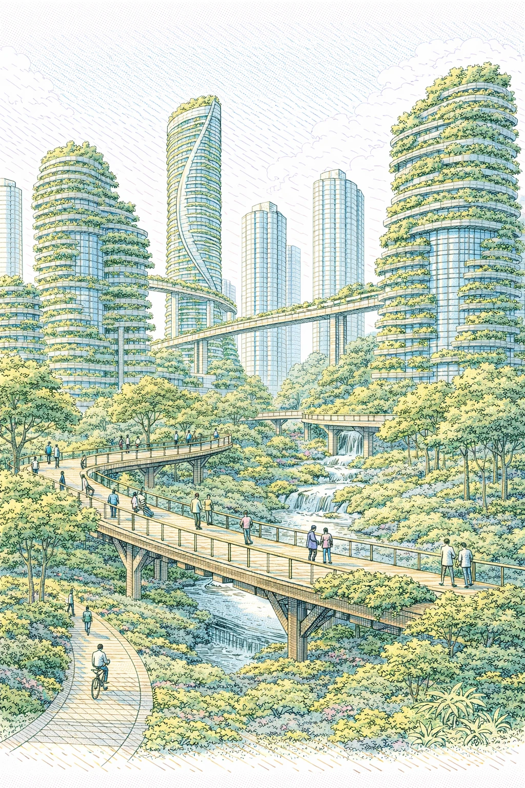 Planted rounded towers and bridges in an architectural concept illustration, with soft green detail and canal-side space.