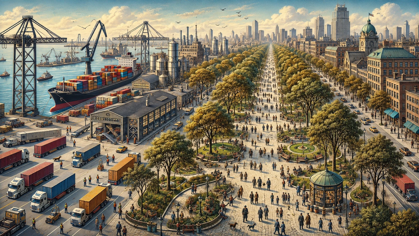 A harbor and tree-lined avenue in a detailed aerial city visualization, with cranes, plazas, and distant towers.
