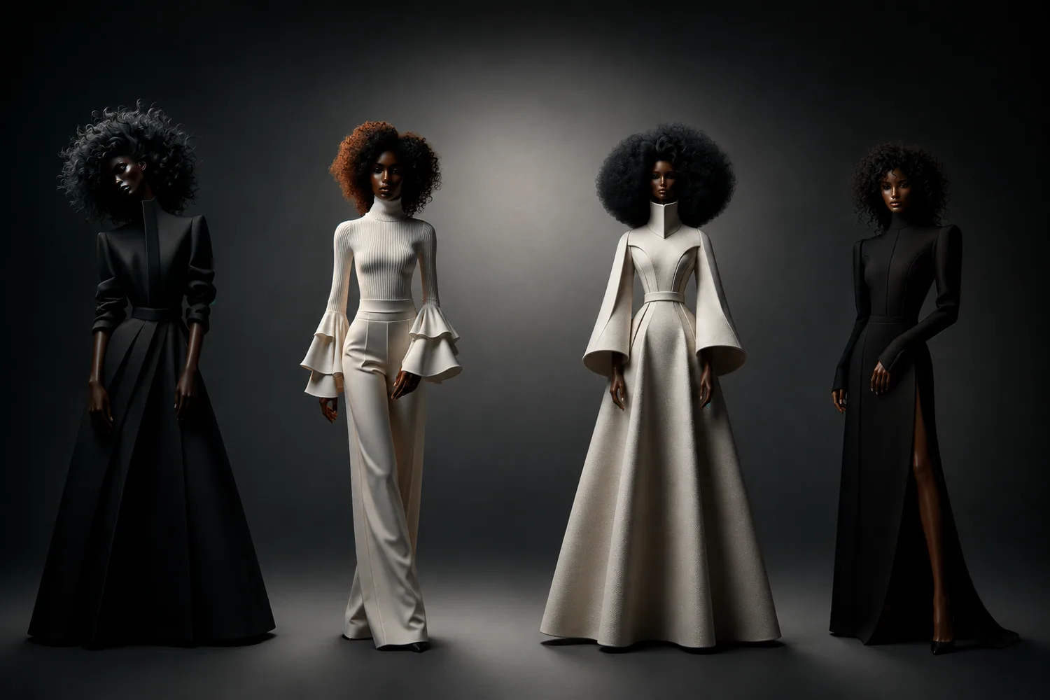 Four haute couture fashion figures in black and ivory studio lighting