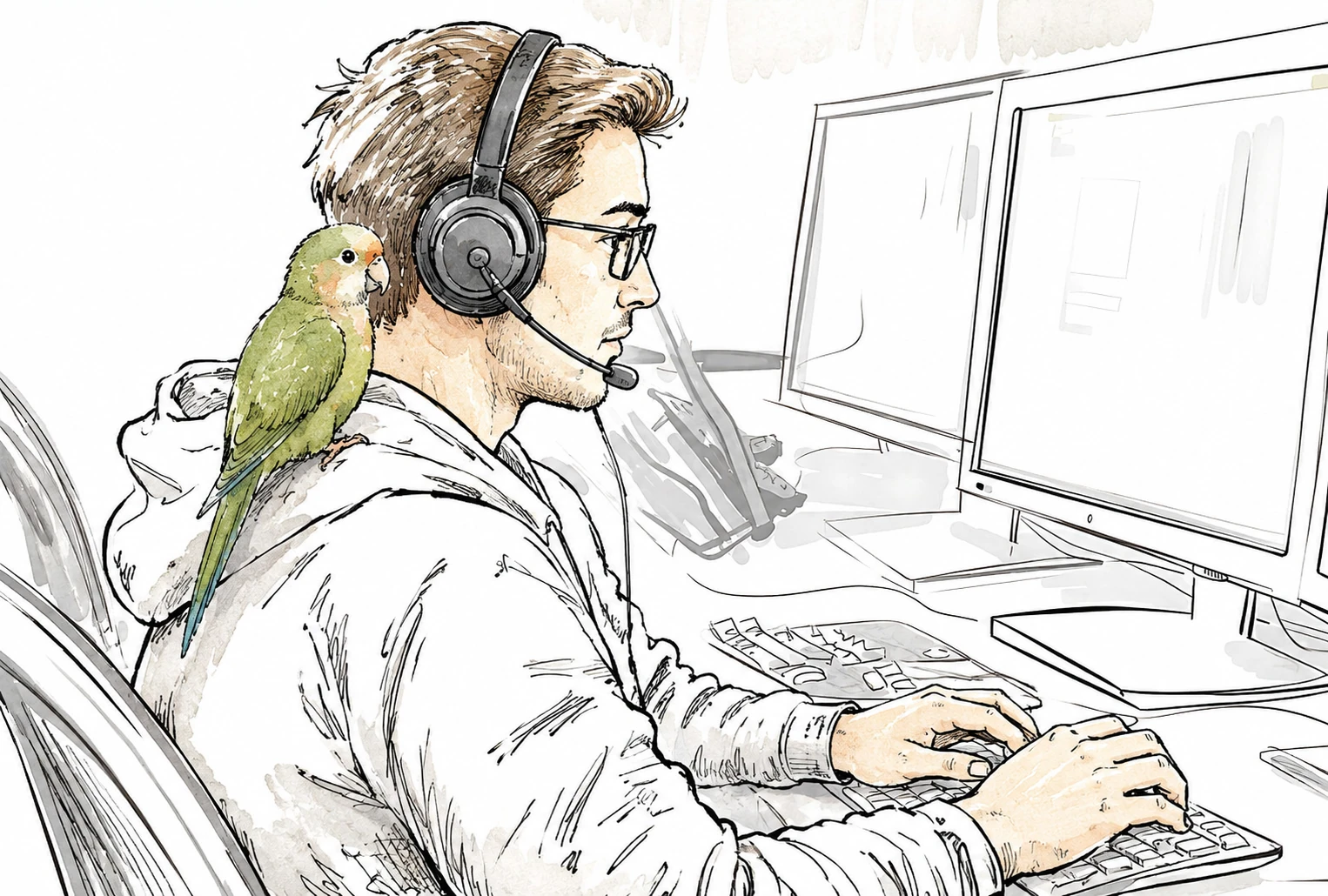 A headphone-wearing figure and parrot in a loose line illustration, with selective color and sketch-like detail.