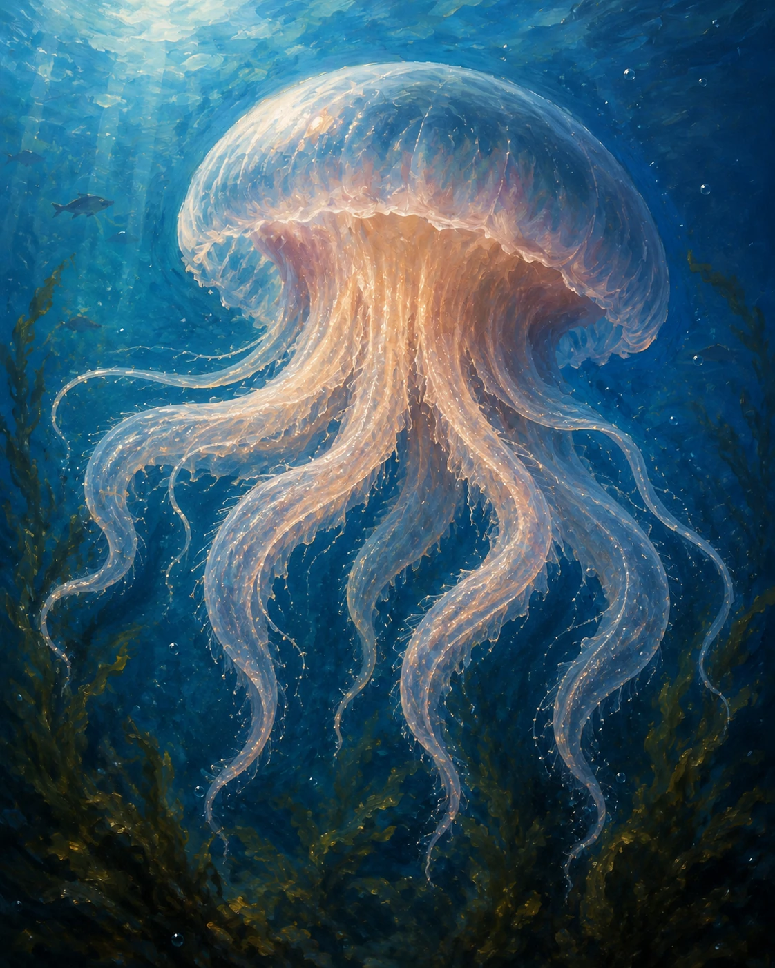 A glowing jellyfish in a painterly underwater study, with flowing brush-like textures and luminous blue depth.