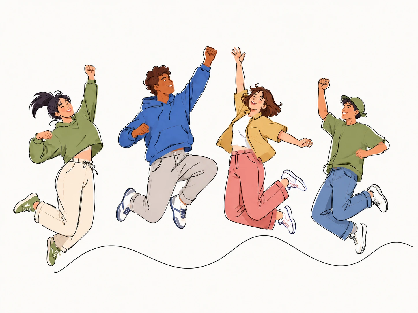 Four jumping figures in an expressive line illustration, with flat color accents and loose, energetic gestures.