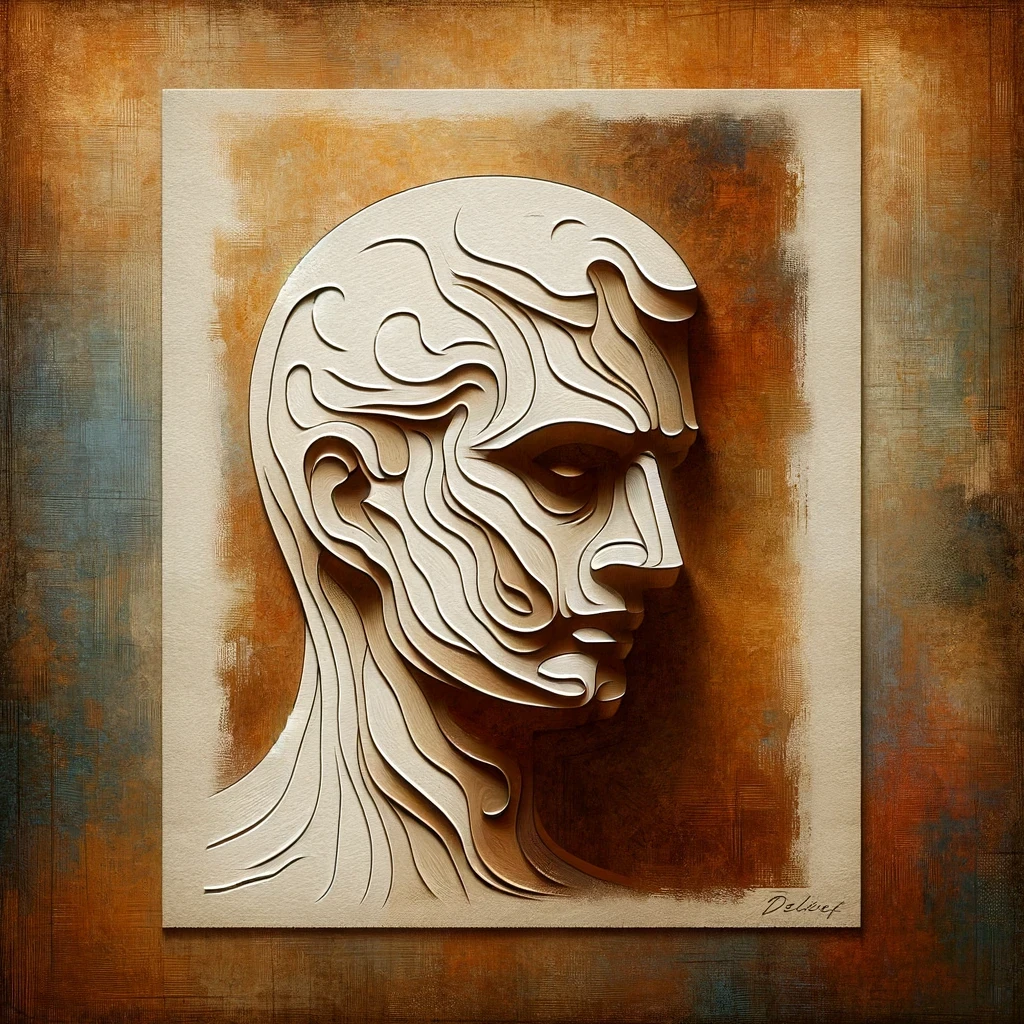 A paper-inspired portrait with flowing layered-looking contours, sculptural shading, and a textured warm background.