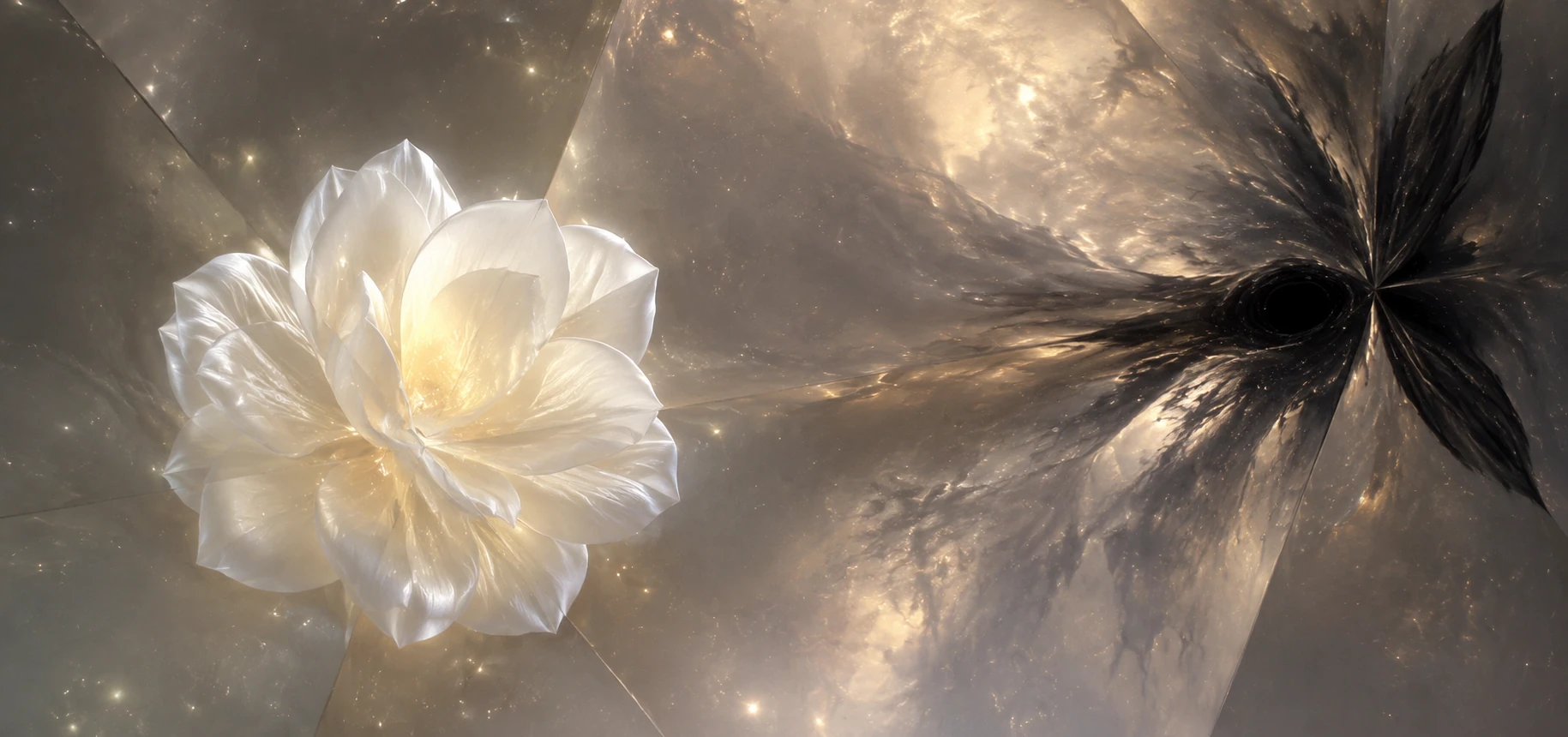 A luminous pale flower and a dark feather-like form in a painterly abstract study of glowing textures and golden light.
