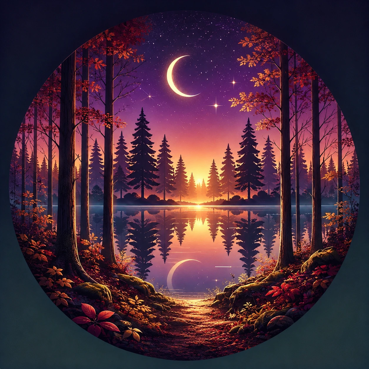 A circular woodland illustration with silhouetted trees, a crescent moon, and purple-and-gold reflections across a lake.