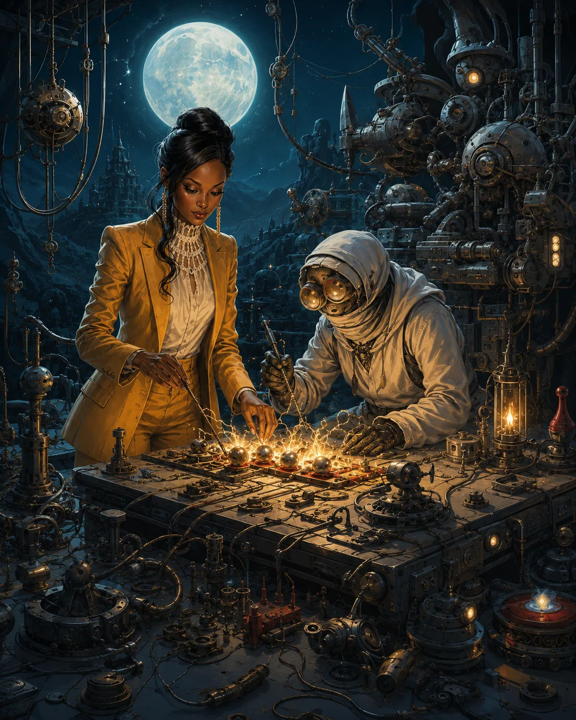 Moonlit steampunk laboratory with two figures working at a machine-filled table
