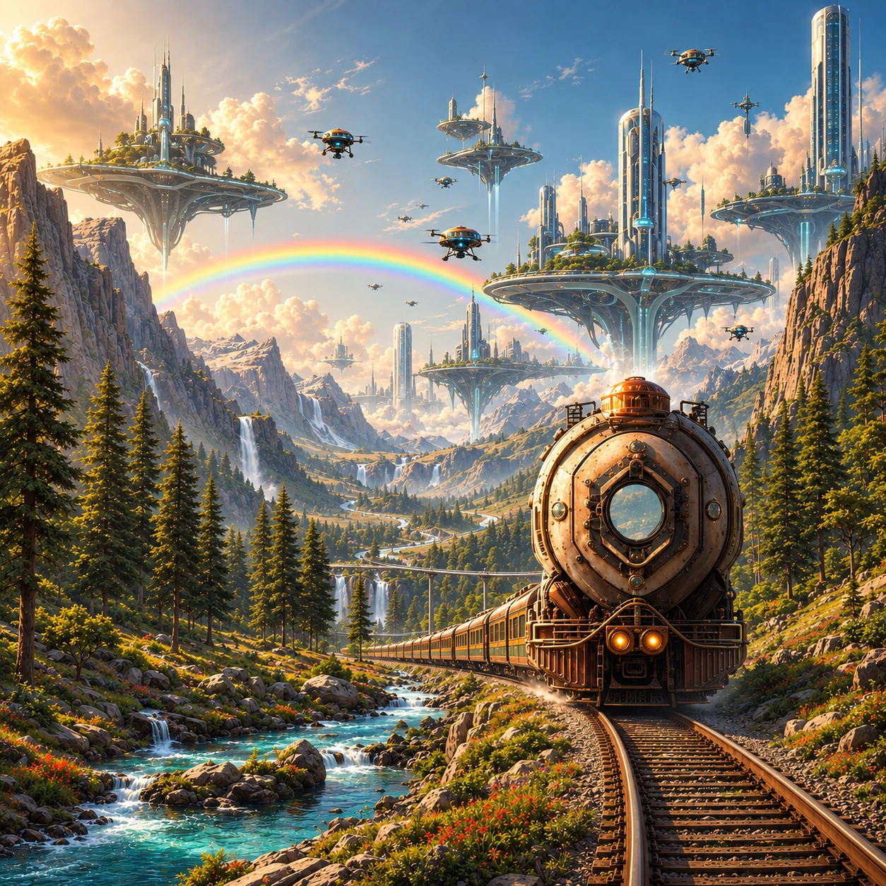 A steam train on a curving mountain railway in a colorful fantasy illustration, with layered alpine scenery and distant towers.